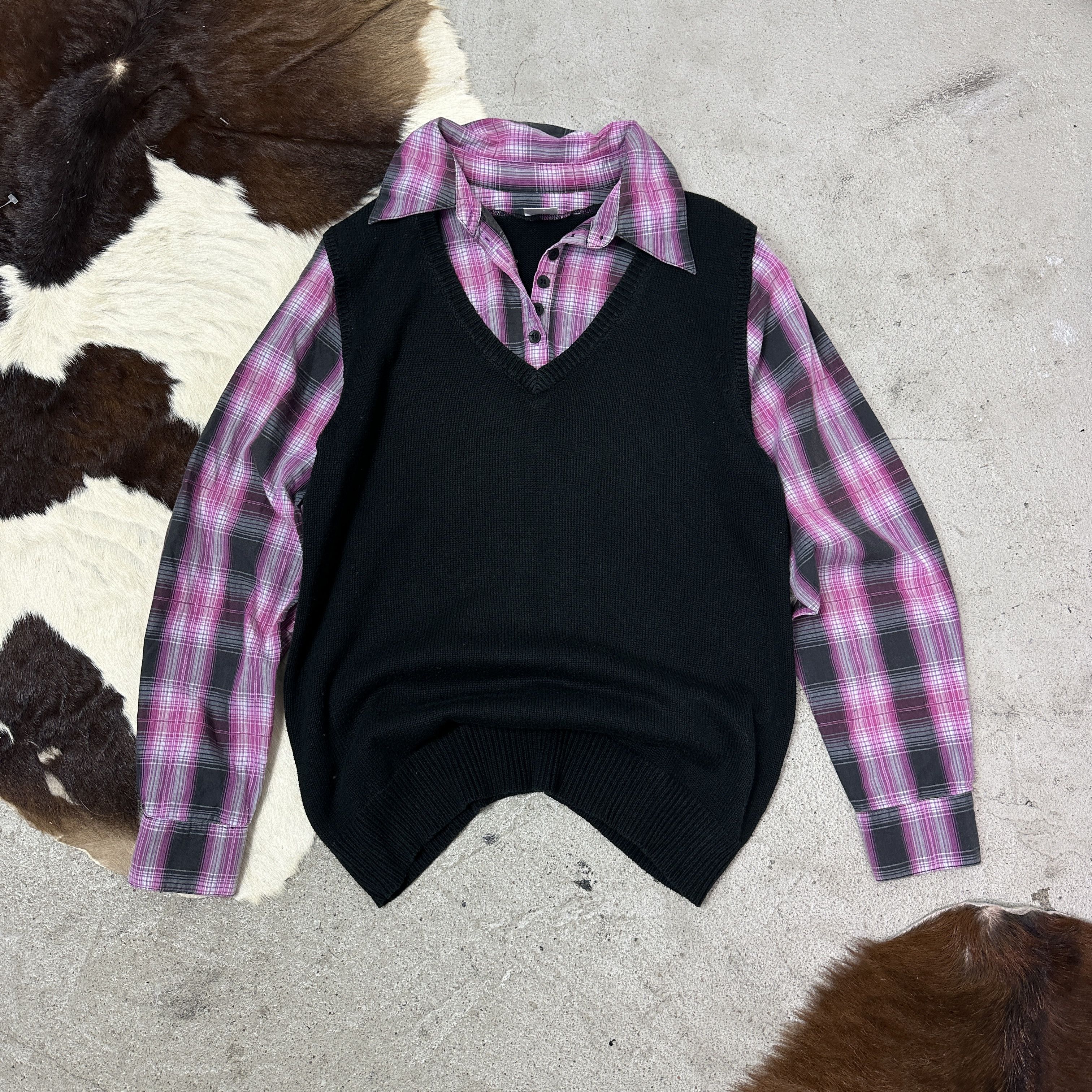 Vintage Vintage Tartan Hybrid School Girl Sweater & Shirt 00s Size M / US 6-8 / IT 42-44 - 2 Thumbnail