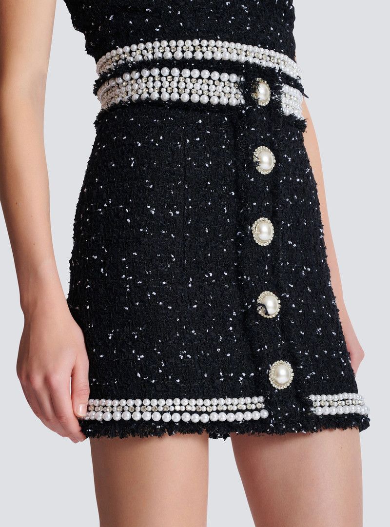 Balmain o1s1wg110526 Embroidered Polka-Dot Tweed Skirt in Black Size 26" / US 2 / IT 38 - 7 Thumbnail