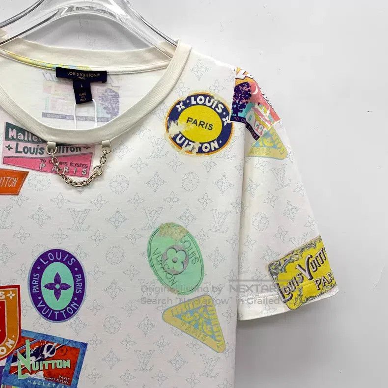 Louis Vuitton Louis Vuitton 25 white logo full print cotton crew neck sh Size US L / EU 52-54 / 3 - 3 Thumbnail