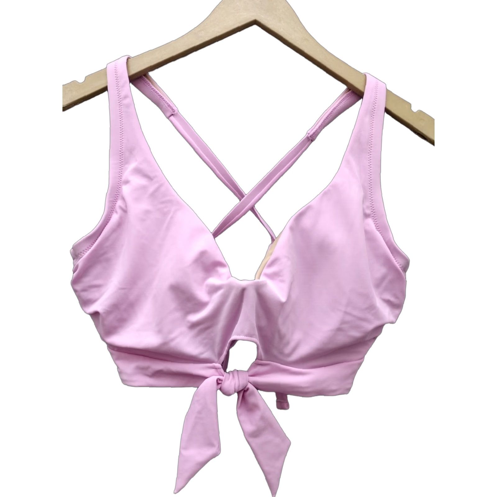 Vintage Shade & Shore Bikini Top Purple Front Tie Keyhole Cross Back Padded 38D Adult Women Beach Leopard Pattern Solid Nylon Polyester Spandex Lined Strap Size XS / US 0-2 / IT 36-38 - 1 Thumbnail