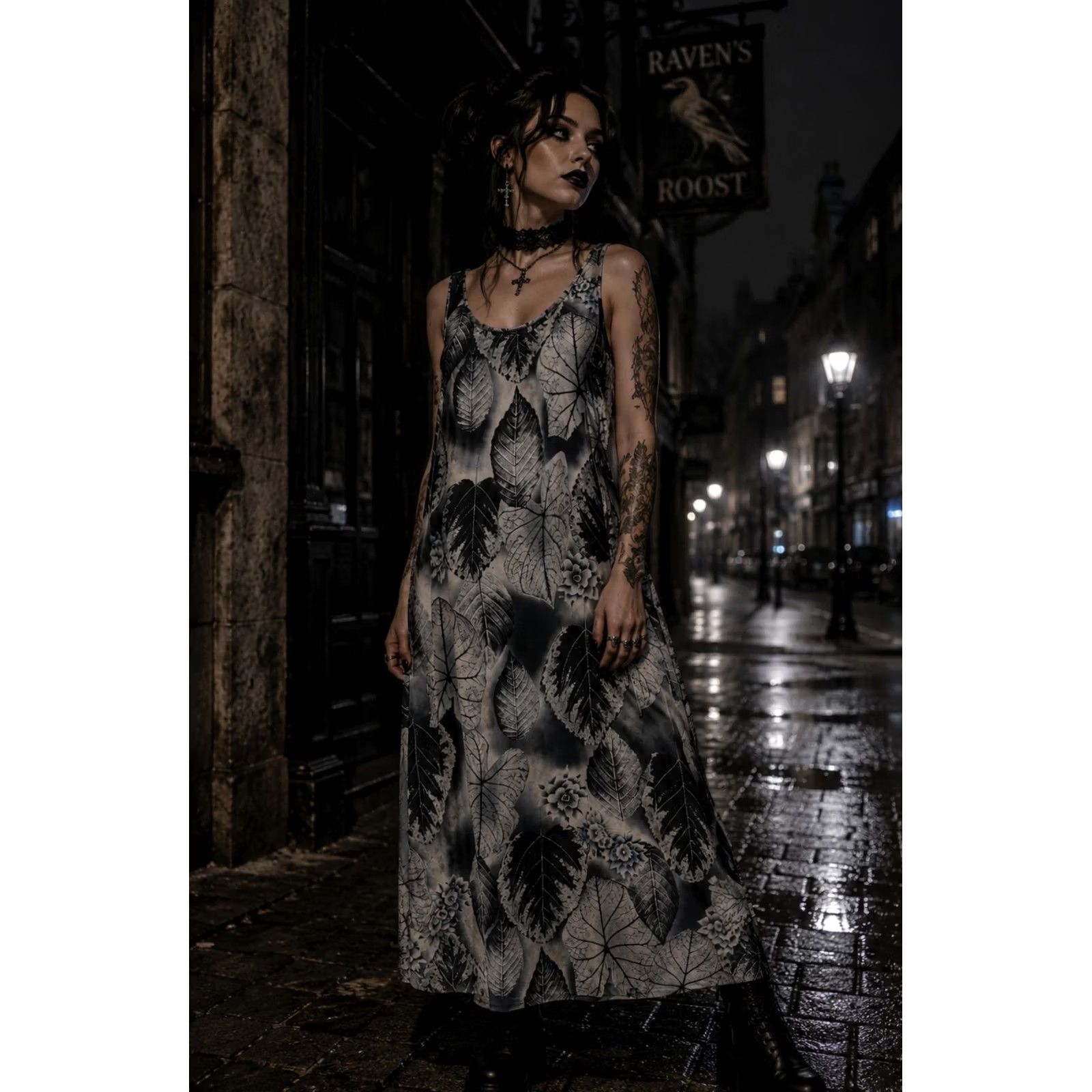 Vintage Dana Buchman Vintage Silk Sleeveless Botanical Leaf Print Midi Slip Dress Sz 6P Black 100% Silk A-Line Spring Summer Women Dresses Size M / US 6-8 / IT 42-44 - 2 Thumbnail