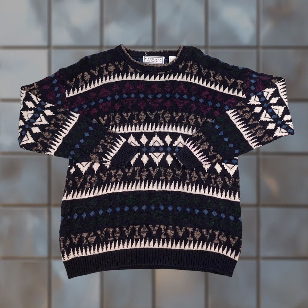 Vintage VINTAGE Michael Gerald Sweater Mens Large Blue Gray Aztec Knit Pullover 80s Size US L / EU 52-54 / 3 - 1 Thumbnail