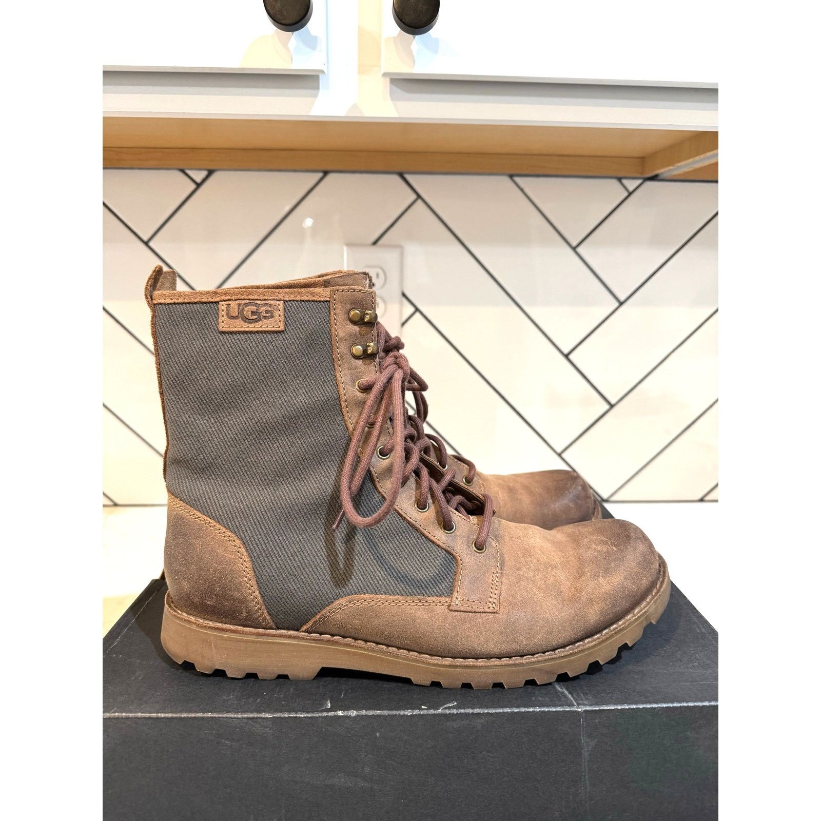 Ugg UGG Montgomery combat boots chestnut leather olive canvas Size US 12 / EU 45 - 2 Thumbnail