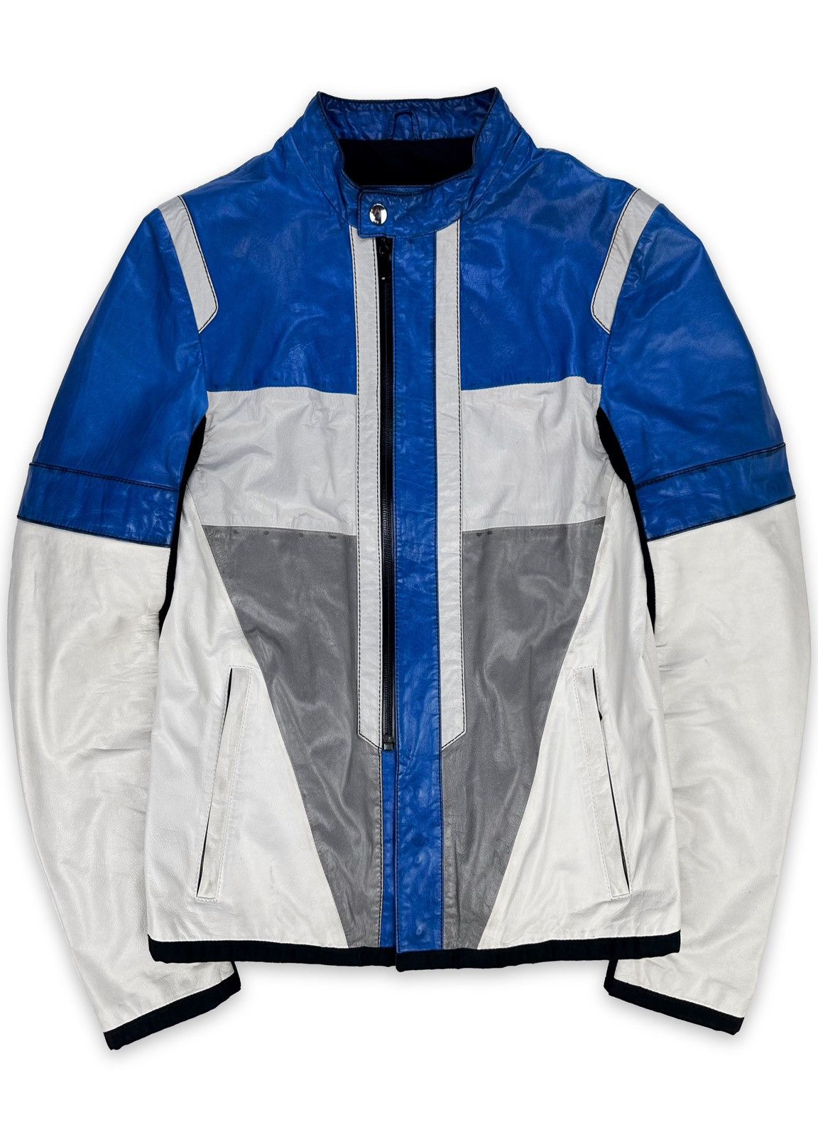 image of 00S Gucci By Tom Ford ‘Panelled’ Blue Leather Biker Jacket in Royal Blue, Men's (Size Small)