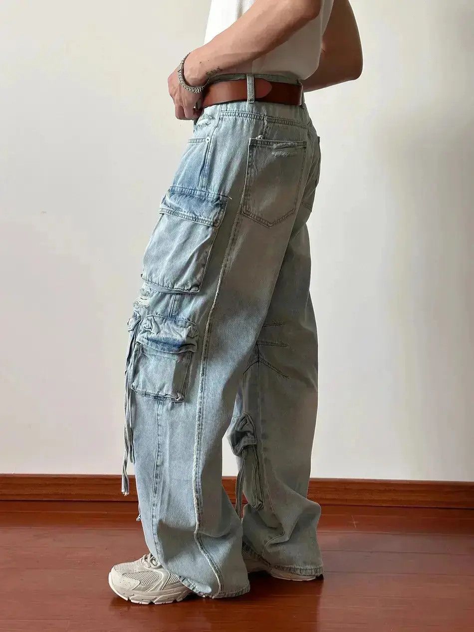 Japanese Brand Frayed loose jeans pockets ripped wide legs retro style Y2K Size US 32 / EU 48 - 3 Thumbnail