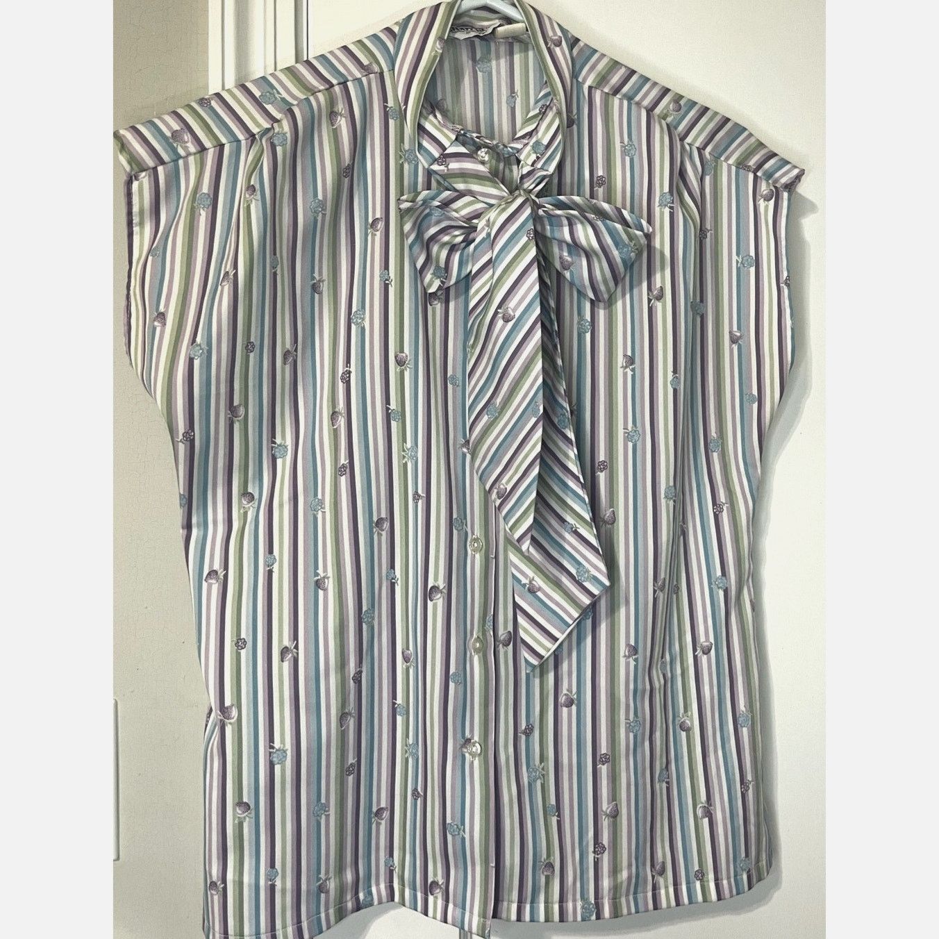 Vintage Vintage 70s Striped Purple Blue Top Berry Bow Blouse Large Size L / US 10 / IT 46 - 1 Thumbnail