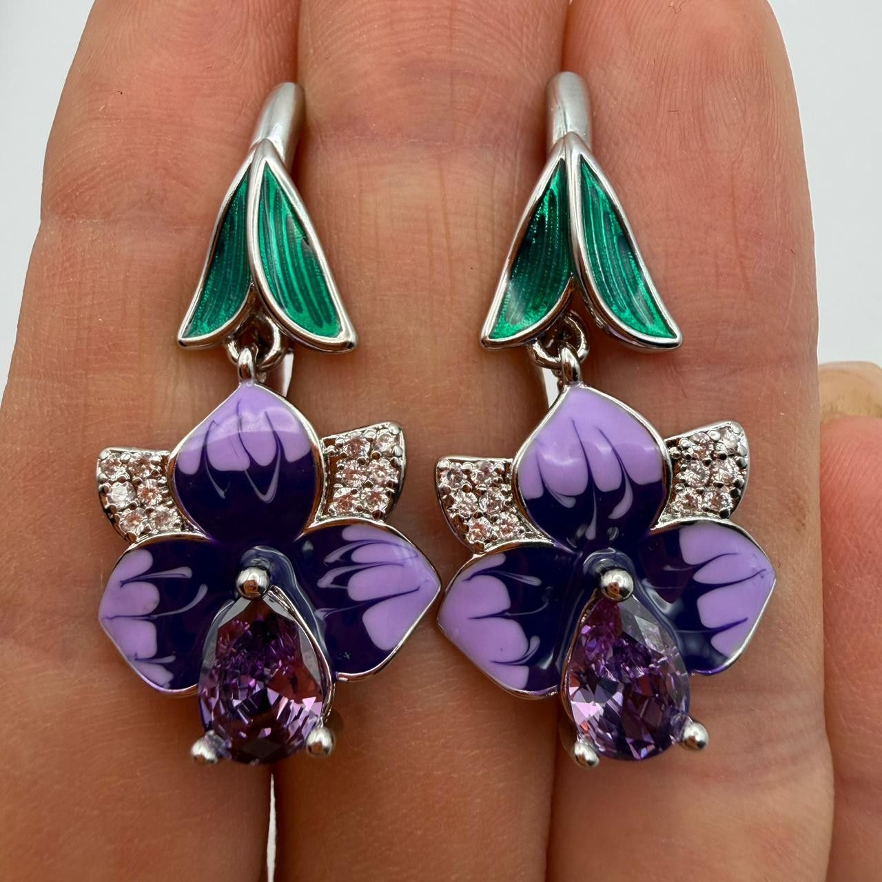 Sterling Silver 925 Sterling Silver Purple Floral Crystal Earrings Size ONE SIZE - 6 Thumbnail