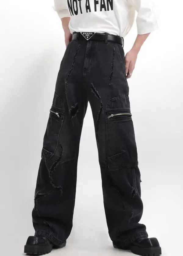 VIBE Retro raw edge washed distressed wide leg jeans Size US 34 / EU 50 - 1 Thumbnail