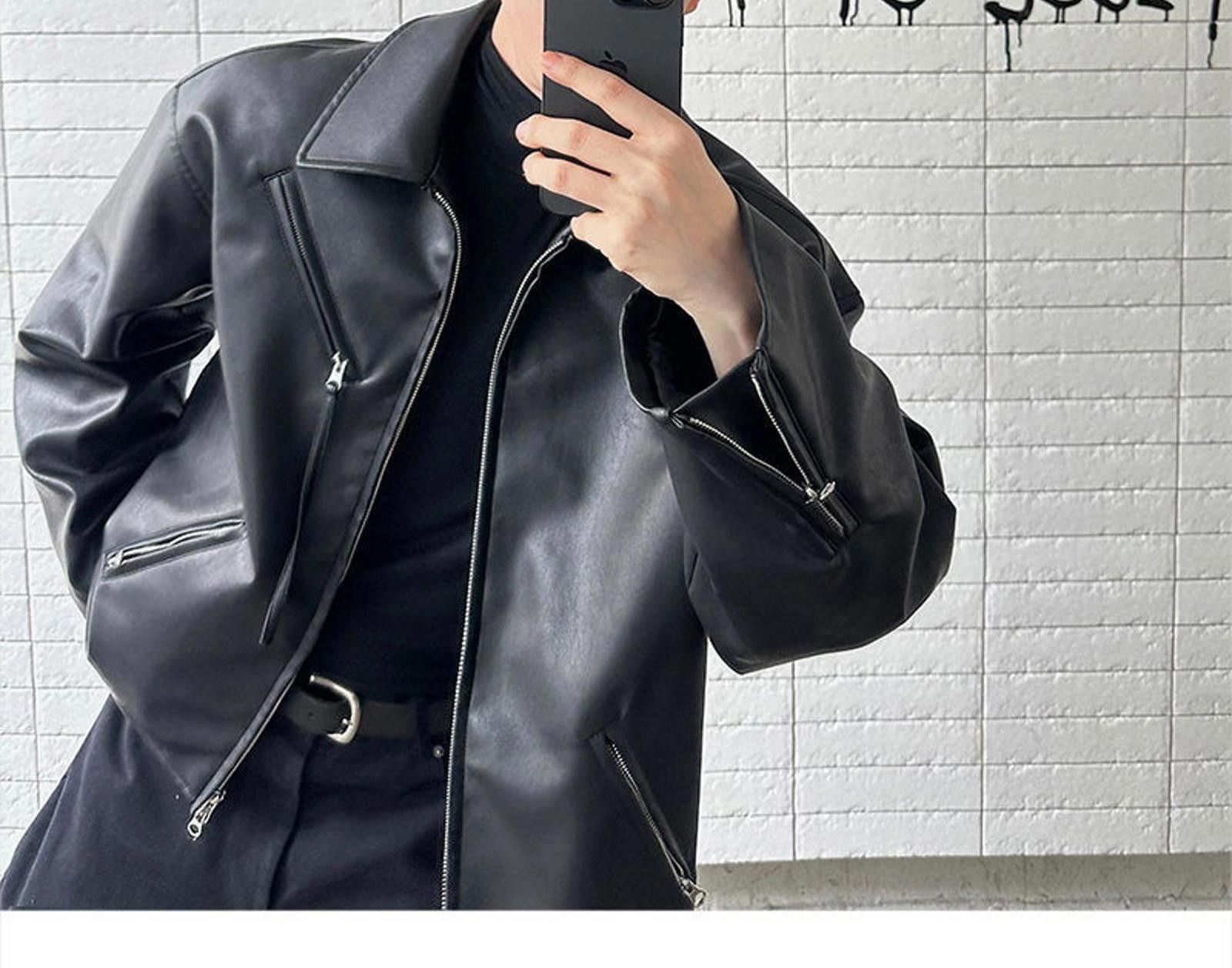 Leather Black Oversized Leather Jacket, Men's Zip-Up Outerwear Size US M / EU 48-50 / 2 - 5 Thumbnail