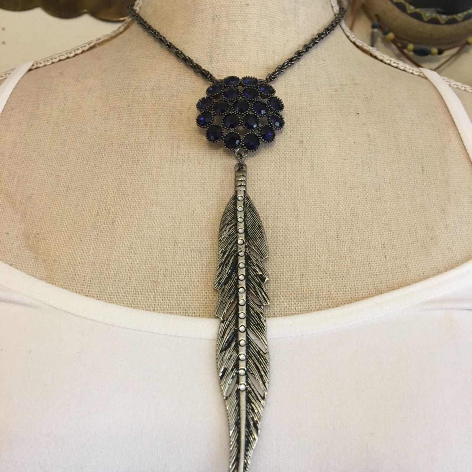 Handmade Repurposed blue stone medallion feather necklace Size ONE SIZE - 1 Thumbnail