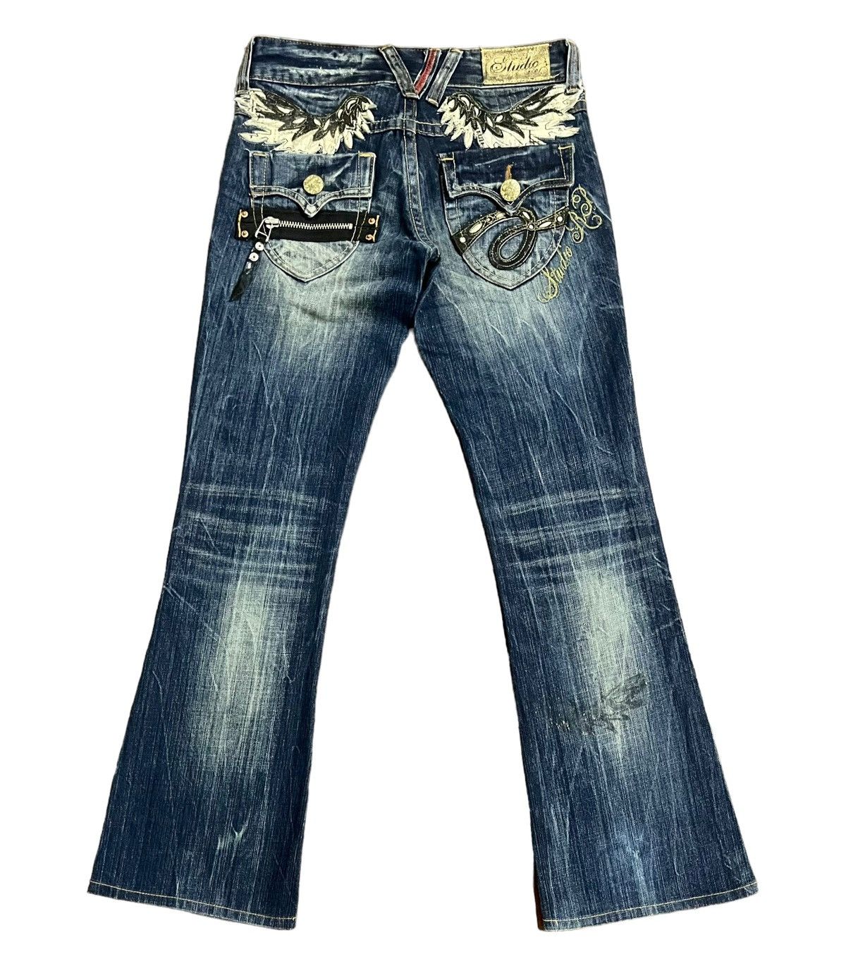 image of Archival Clothing x Ed Hardy Flared Studio Red Pepper Japanese Ed Hardy Embroidered Jeans in Blue, 