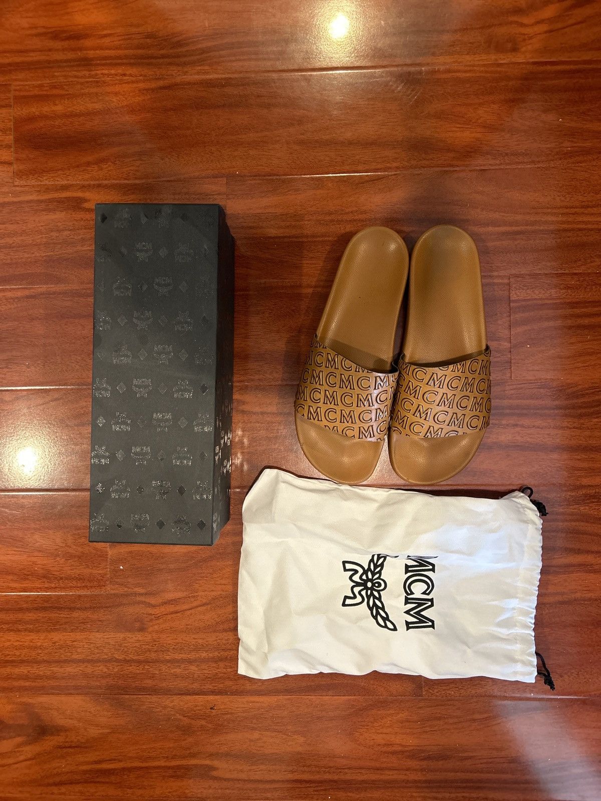 image of Brown Leather MCM Slides, Men's (Size 12.5)