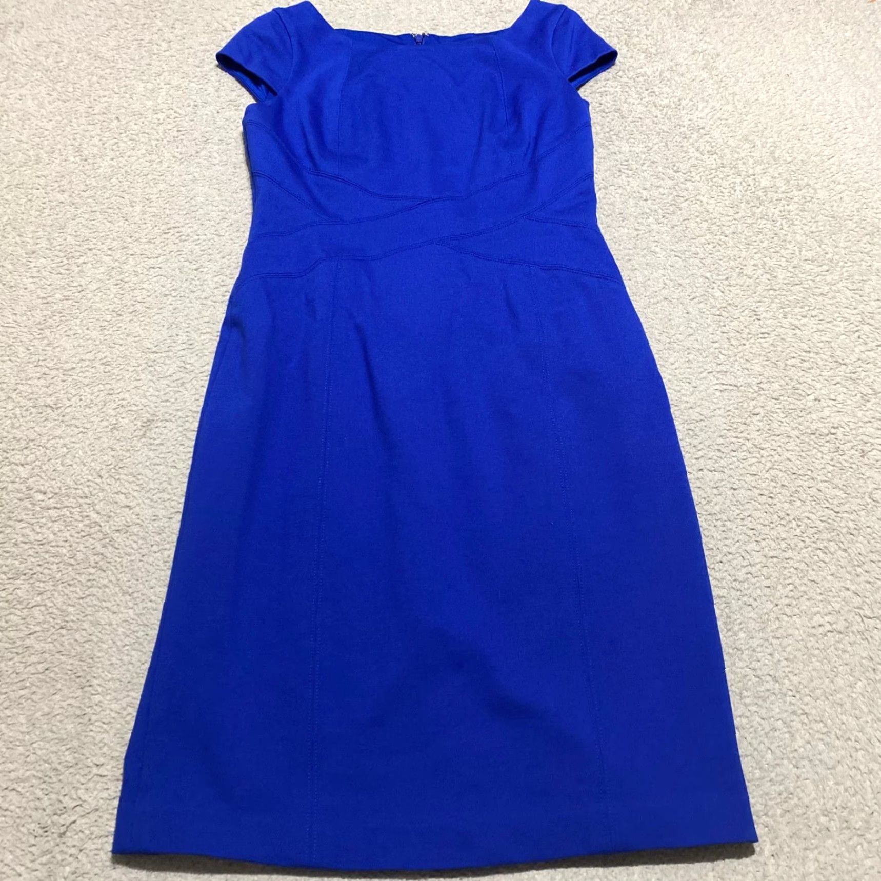 White House Black Market White House Black Market Dress Womens 6 Blue Ponte Short Sleeve Sheath Boat Neck Size 28" / US 6 / IT 42 - 2 Thumbnail