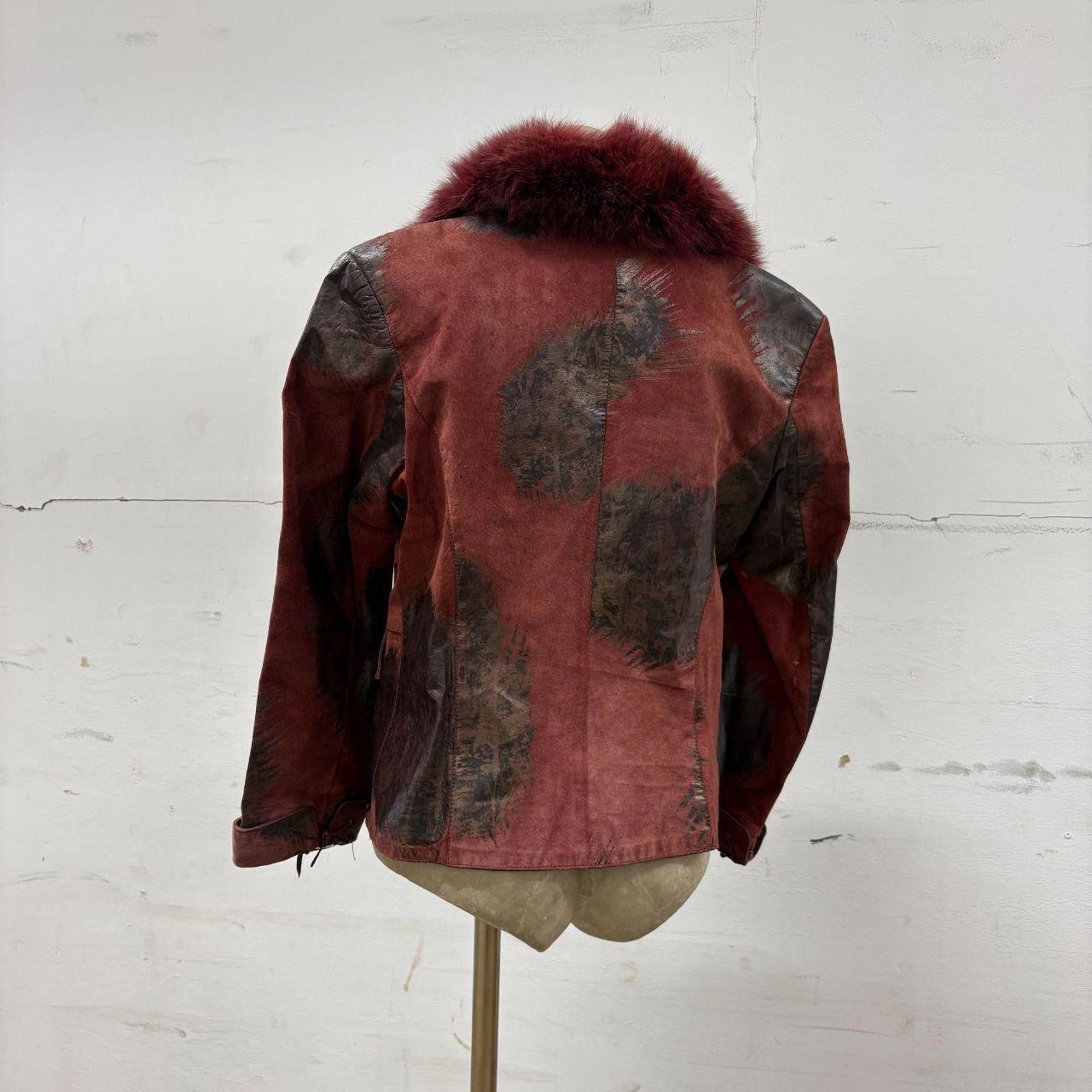 Other Y2K Vintage Red Patchwork Suede Moto Jacket Fox Fur Collar Size S / US 4 / IT 40 - 2 Thumbnail