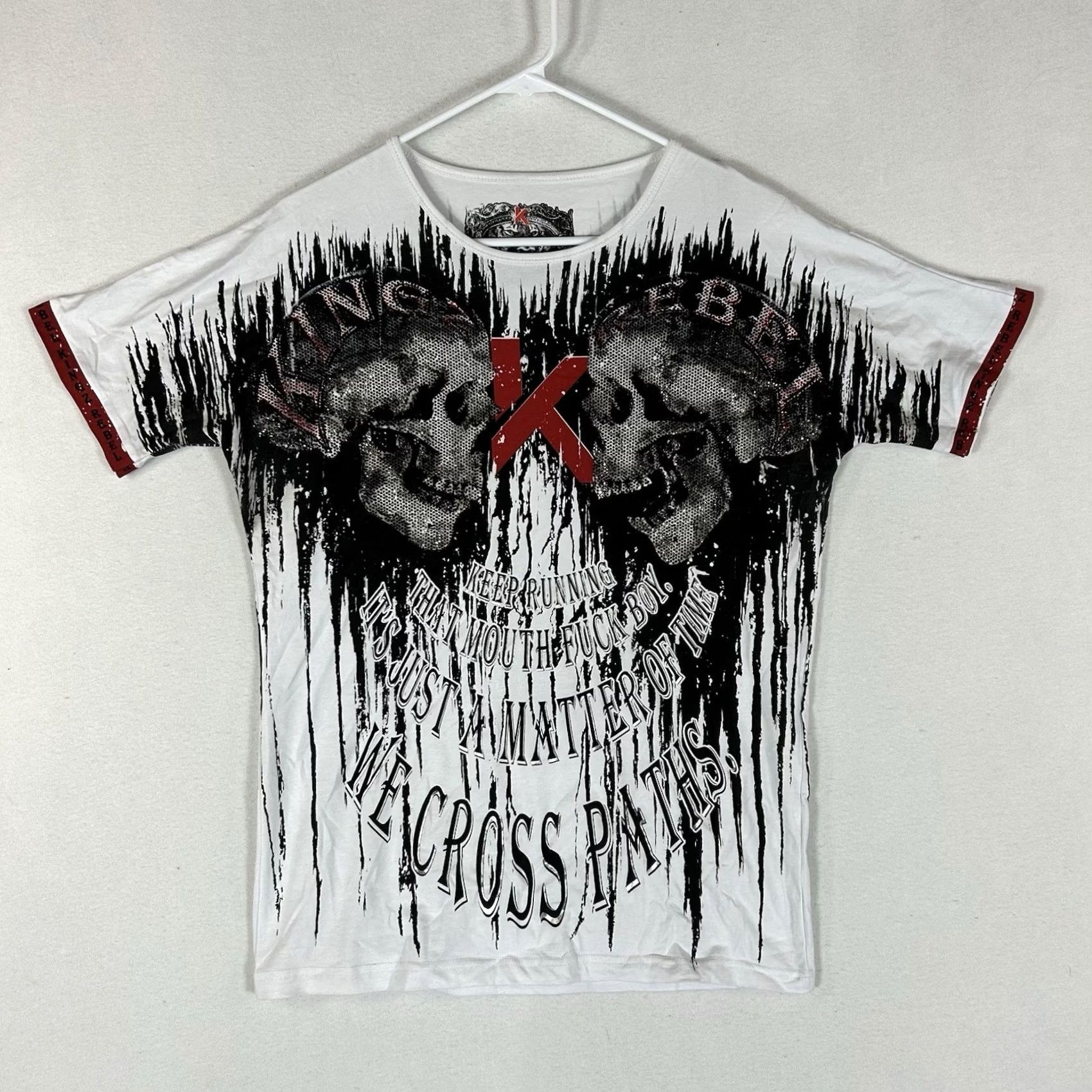 Vintage Kingz Rebel T-Shirt Womens Large White Short Sleeve Crew Neck Rhinestone Graphic Print Jiu Jitsu Size L / US 10 / IT 46 - 2 Thumbnail