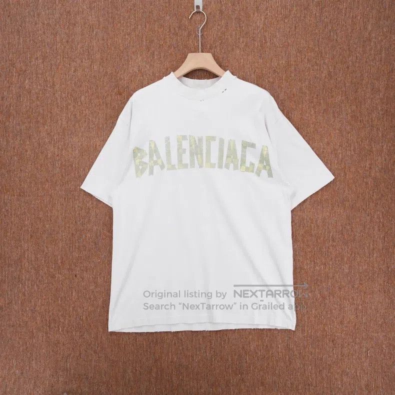 Balenciaga White Distressed Front and Back Tape Logo Short