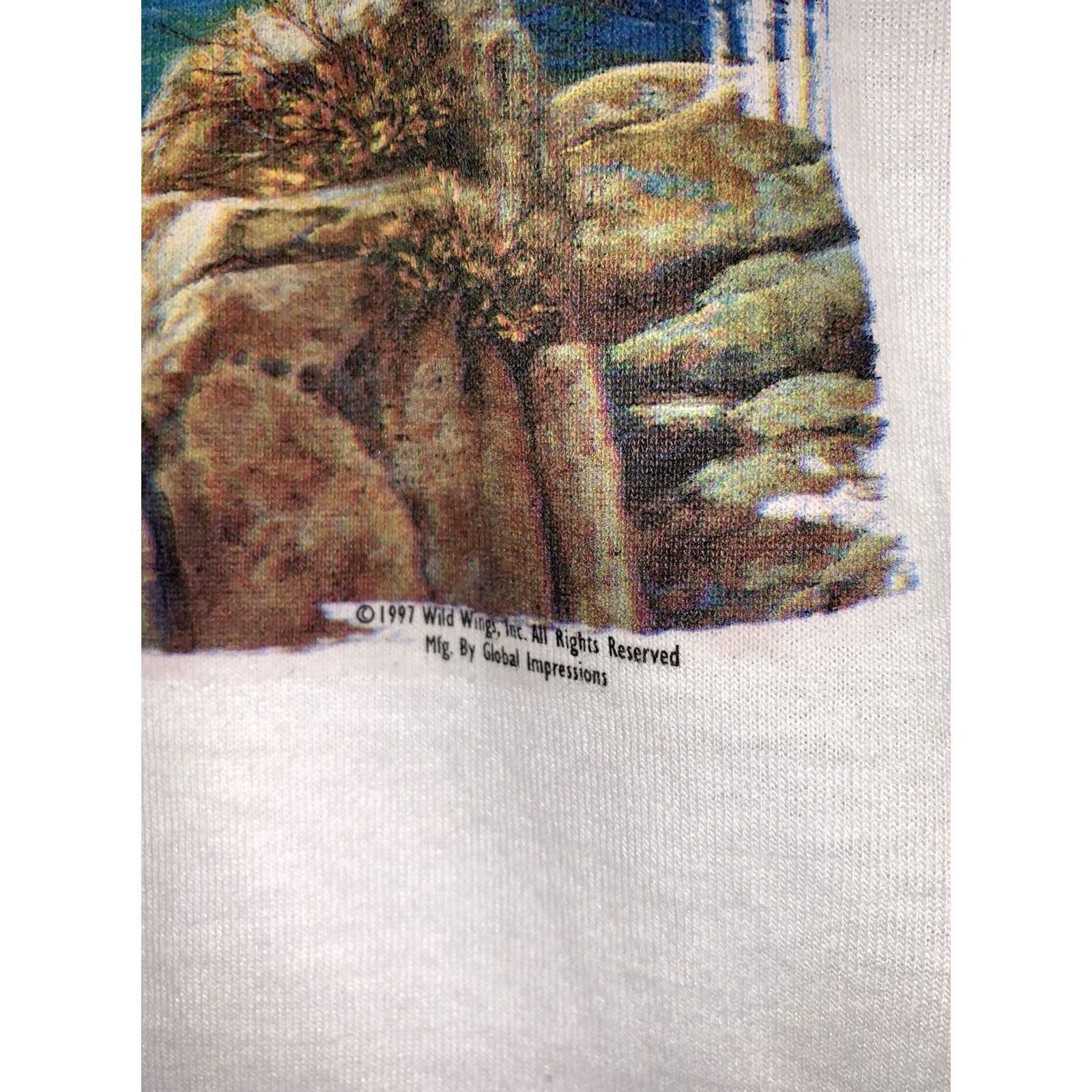 Fruit Of The Loom Vintage 1997 Wild Wings Bald Eagle Graphic Print Shirt Mens Small White Cotton Blend Graphic Tee Sportswear/Beach Mens Boys Size Small Size US S / EU 44-46 / 1 - 3 Thumbnail