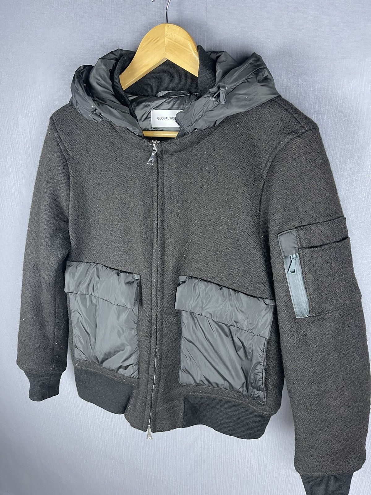 Global Work × Vintage Vintage Global Work Bomber Hoodie Wool Jacket Size US M / EU 48-50 / 2 - 5 Thumbnail