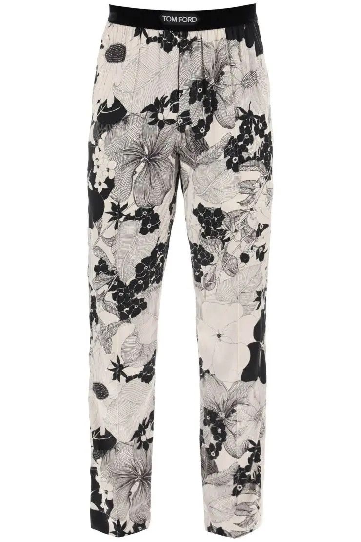 image of Tom Ford O1S22I1N0324 Floral Silk Pajama Pants In Black/ivory, Men's