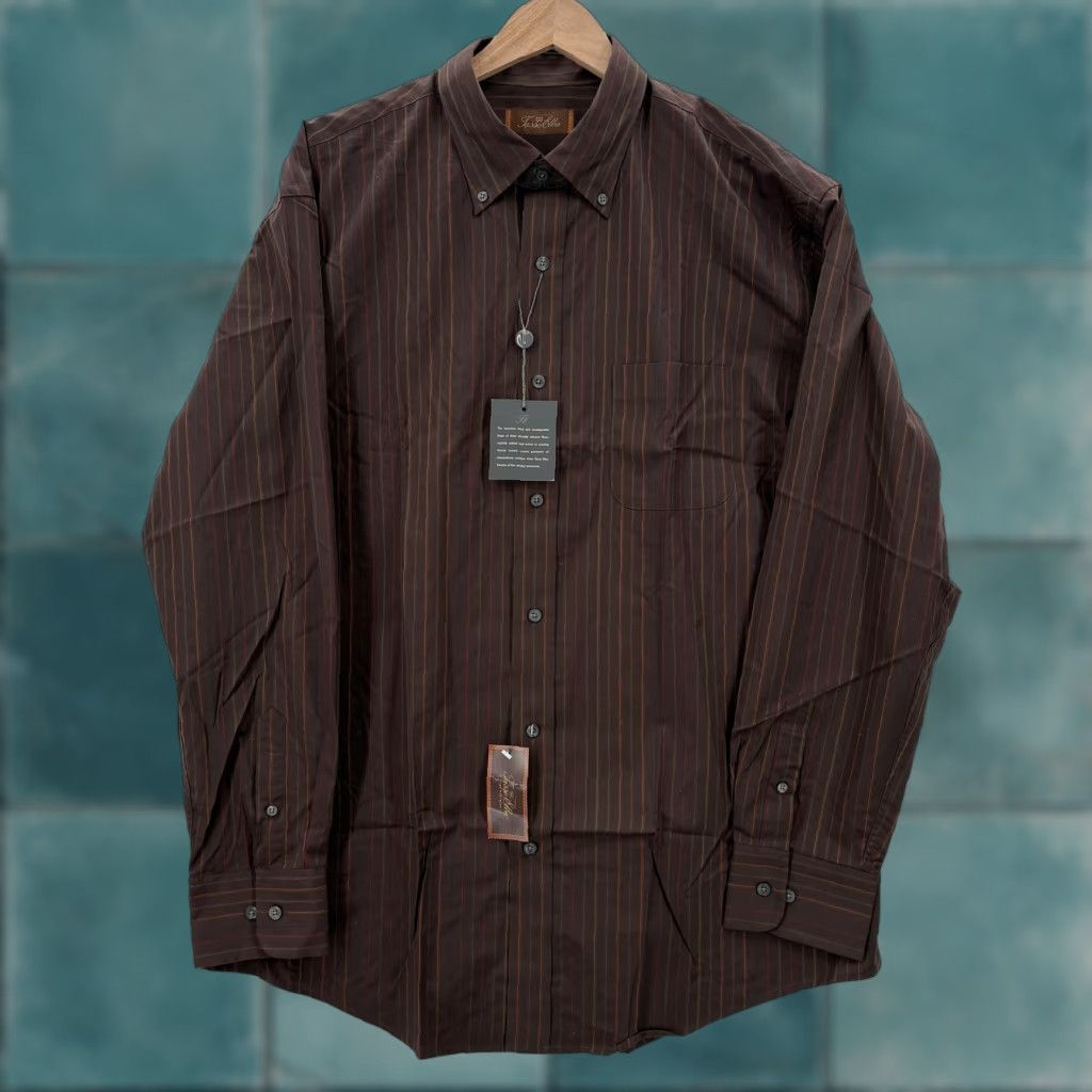 Tasso Elba Tasso Elba Dress Shirt Mens Large Brown Stripe Cotton Button-Down Long Sleeve Size 42R - 1 Thumbnail