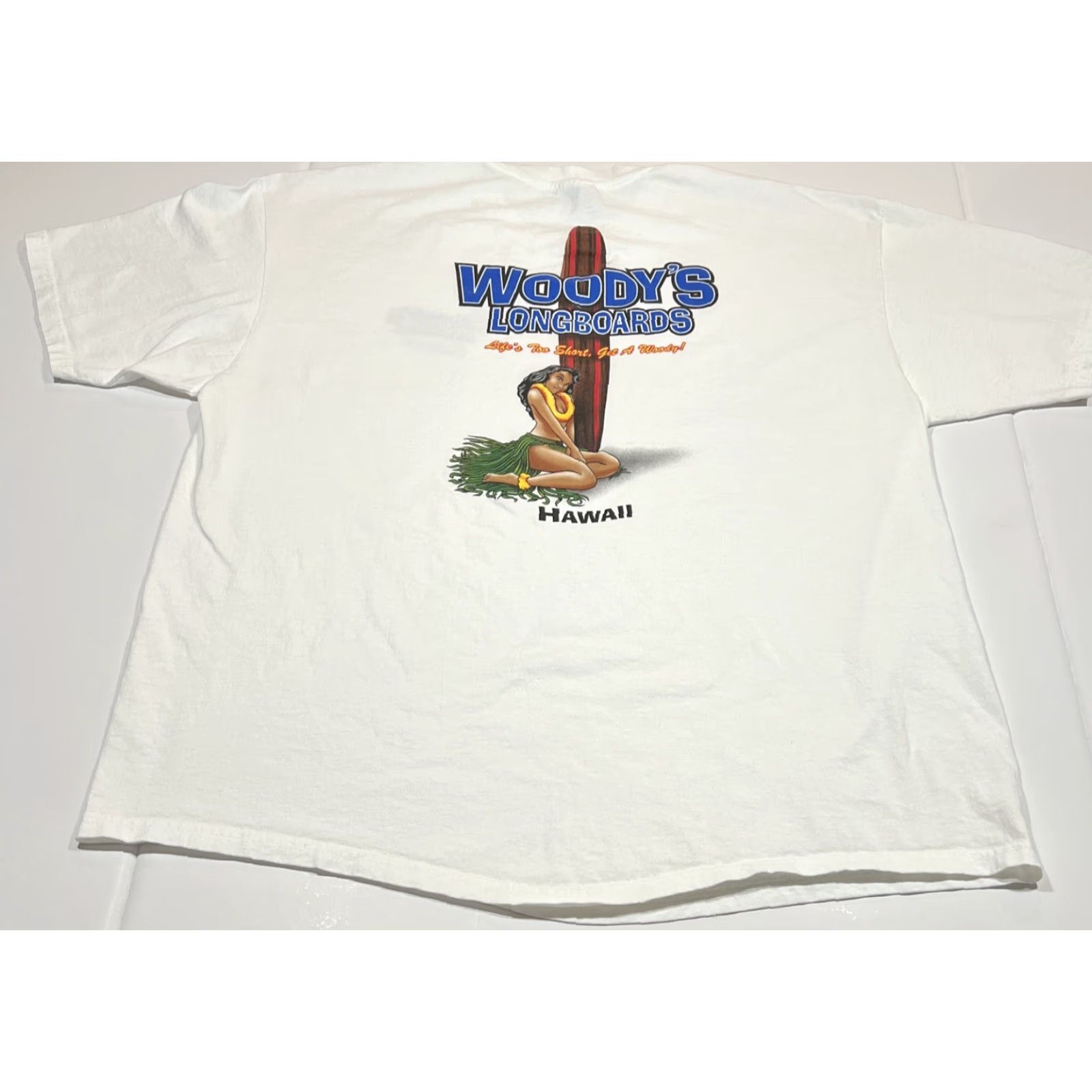 VINTAGE Woody's Longboards Hawaii T Shirt Men 2XL White Graphic