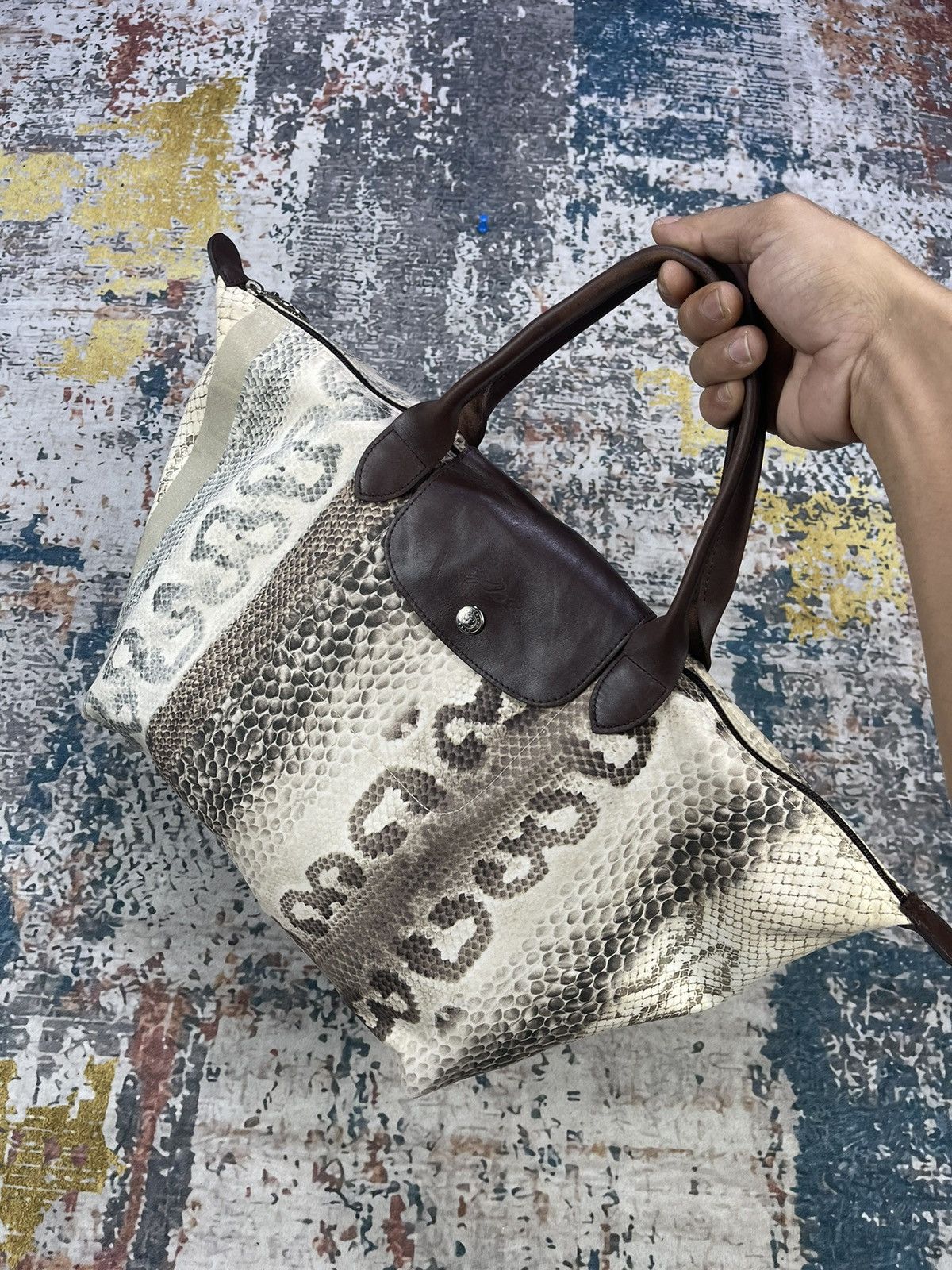 Longchamp Le Pliage Snake Skin Print Tote Bags