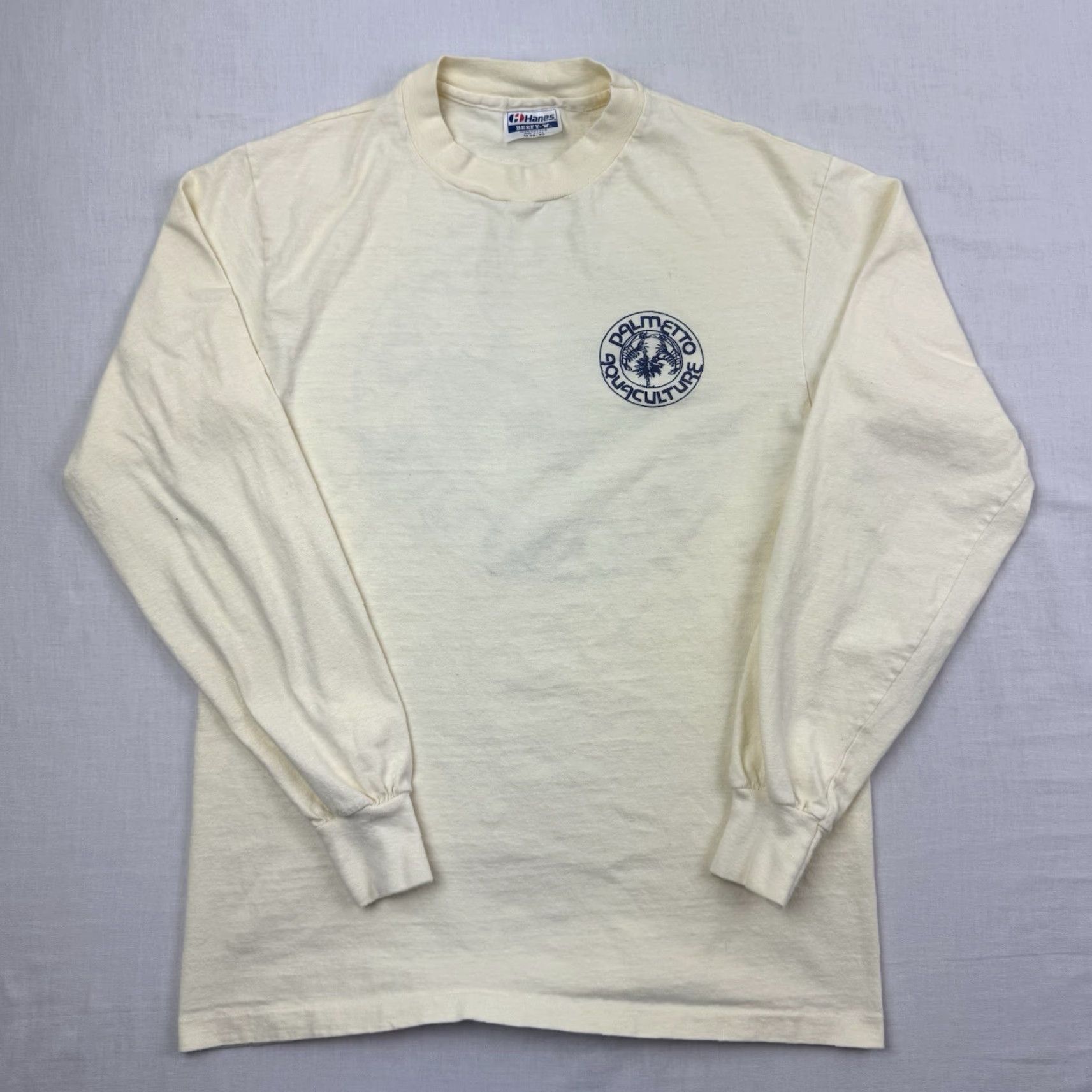 Hanes VINTAGE Hanes Palmetto Aquaculture Long Sleeve Shirt Adult Medium Beige 80s 1980s Nature Animals Crew Neck Cotton Textured Solid Mens Shirt Size US M / EU 48-50 / 2 - 3 Thumbnail