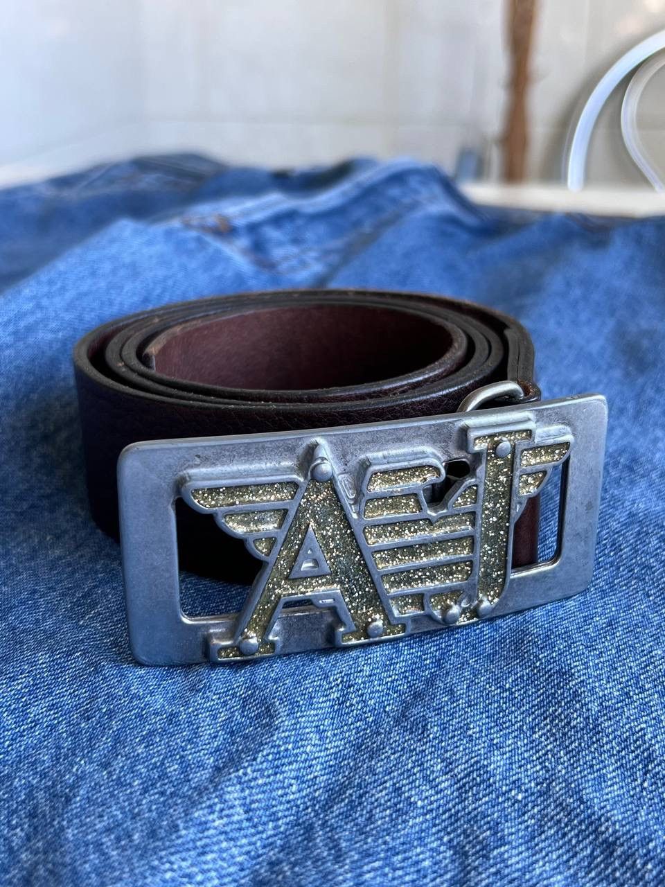Armani Rare metal Buckle Armani Jeans leather belt 90s rare Italy Size ONE SIZE - 2 Thumbnail