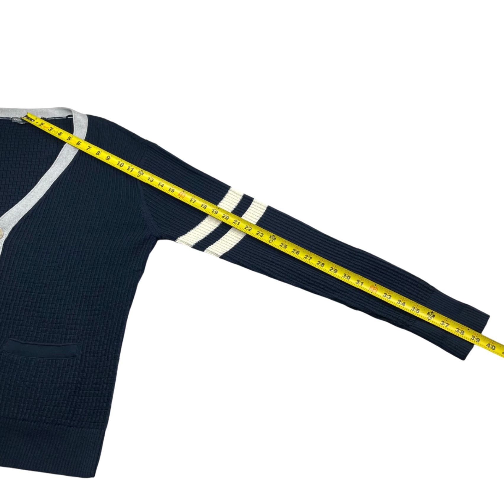 Vince Vince Men’s Cardigan Sweater XL Long Sleeve V-Neck Blue Gray Ivory Stripe Knit Size US XL / EU 56 / 4 - 7 Thumbnail
