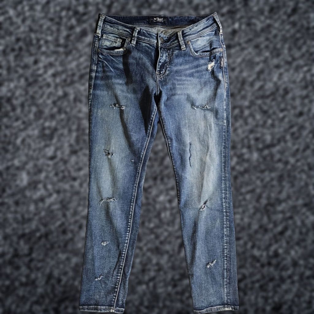 Silver Jeans Co. VINTAGE? No — Silver Jeans Co. "Sam" Straight Leg Distressed Denim Jeans Women's 28w 27 Inseam Blue 28 5-Pocket Mens? Womens Size 28" / US 6 / IT 42 - 1 Thumbnail