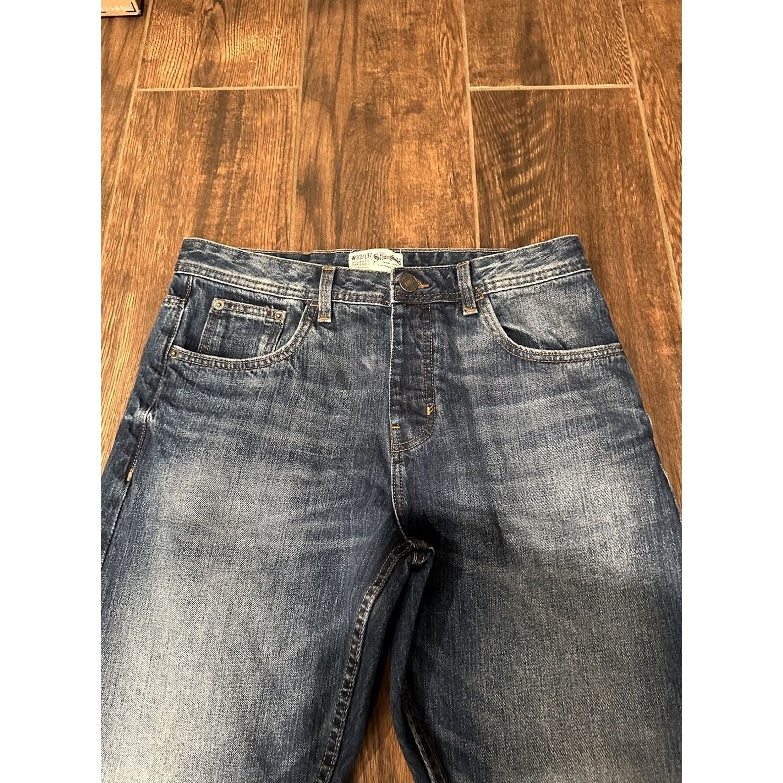 Denime NWT The Stronghold Jeans Mens 32x32 Denim Relaxed Tapered Button Fly Blue Cotton 32 Inseam Slim/Regular Fit Hip Hop USA Style VINTAGE No Glide? Size US 32 / EU 48 - 4 Thumbnail
