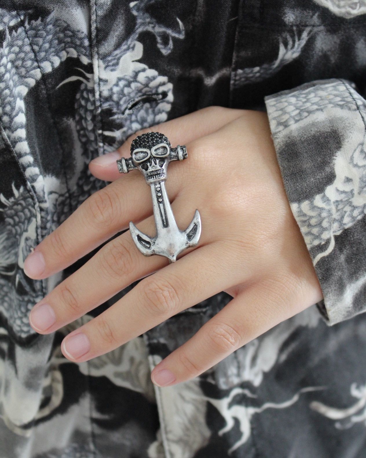 Vintage SKULL & ANCHOR DOUBLE FINGER METAL RING Size ONE SIZE - 3 Thumbnail
