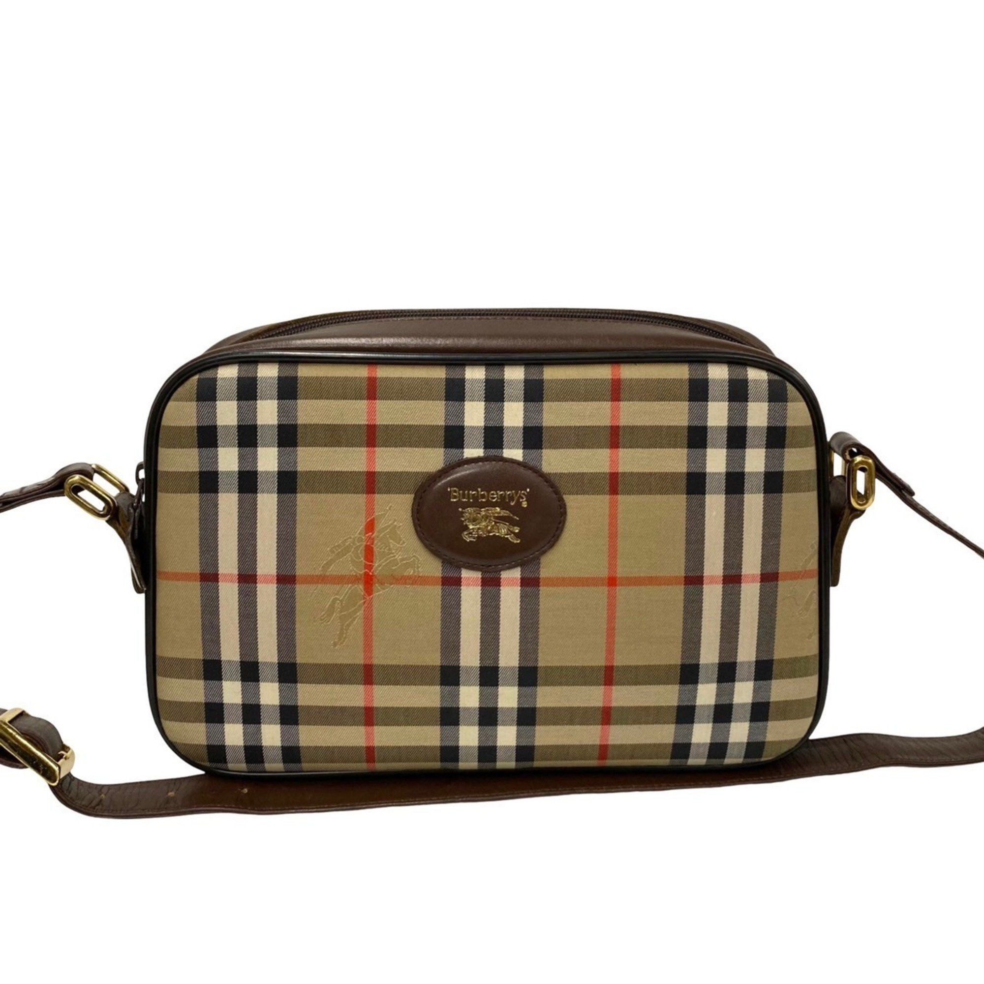 image of Burberry Nova Check Shadow Horse Leather Canvas Shoulder Bag Brown 41451 in Beige, Women's