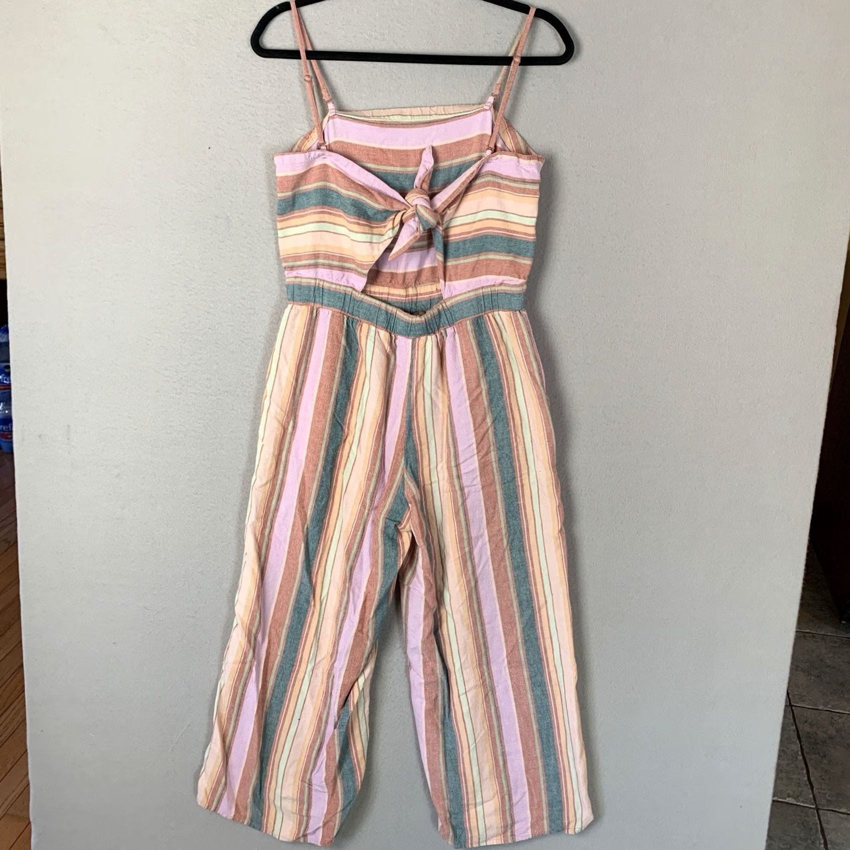American Eagle Outfitters American Eagle Jumpsuit Women M Striped Linen Blend Cutout Tie Back Wide-Leg Boho Y2K Retro Festive Casual Travel Size 32" / US 10 / IT 46 - 4 Thumbnail