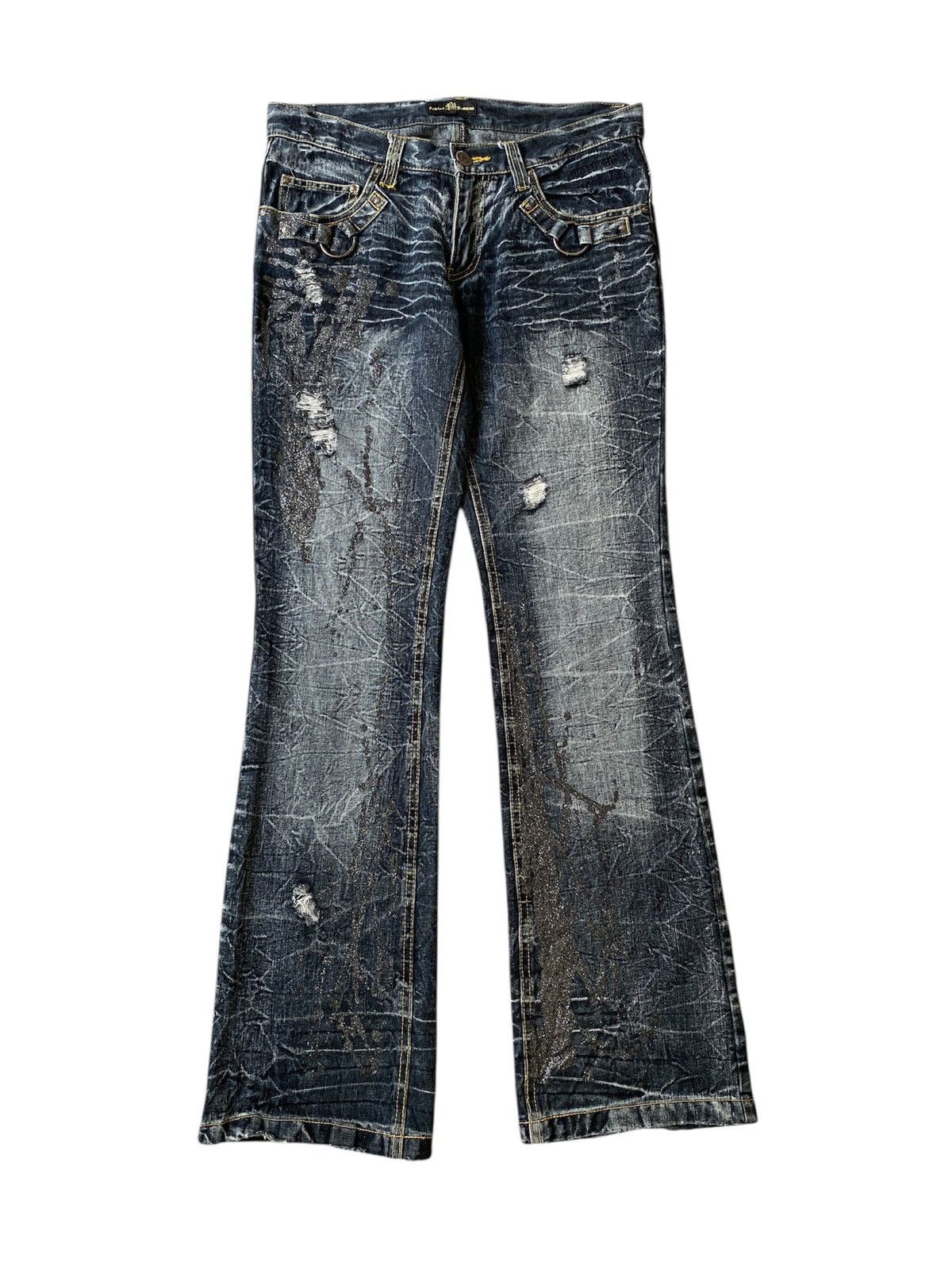 Japanese Brand Lowbox Premium Claws Mark Honey Comb Distressed Flare Denim Size US 32 / EU 48 - 1 Thumbnail