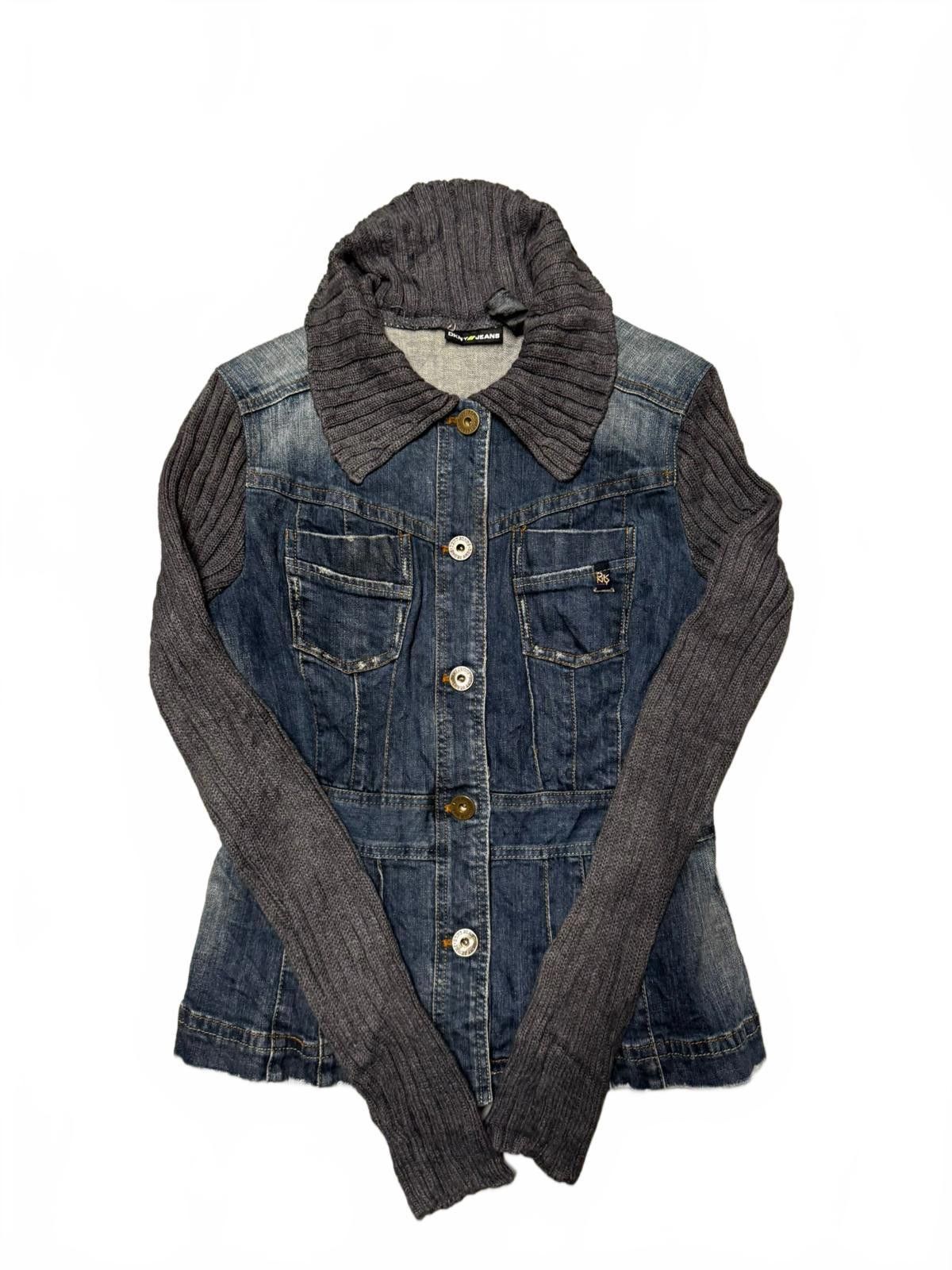 Designer DKNY Jeans Women's Denim Jacket with Knit Sleeves Size US M / EU 48-50 / 2 - 1 Thumbnail