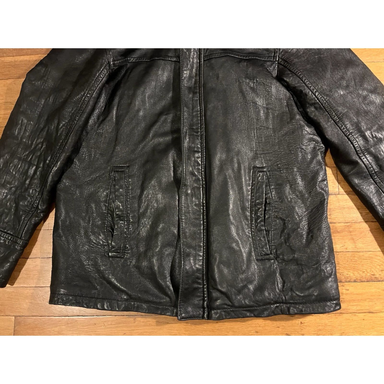 VINTAGE IZOD Leather Bomber Jacket Men’s M Black Zip-In Knit Collar