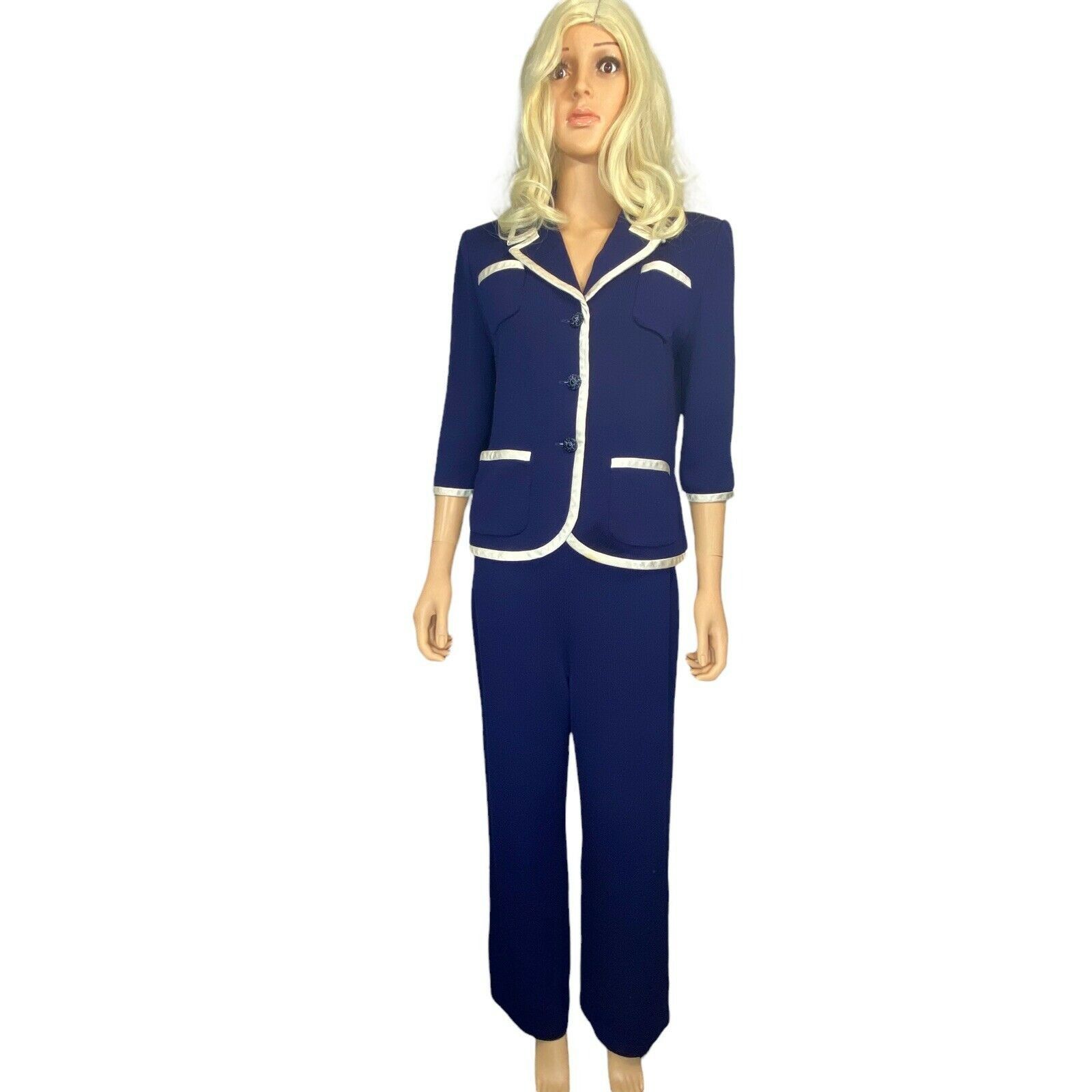 image of St John Couture St. John Collection Santana Knit 2 Piece Suit Jacket Pants 8 in Blue, Women's (Size