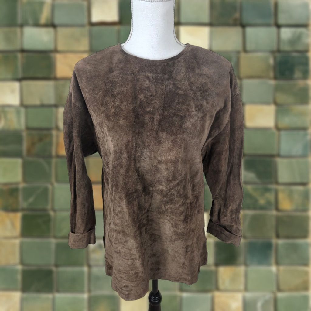 Vintage VINTAGE Brown Suede Leather Top Blouse Shirt Womens M 12 Crew Neck Long Sleeve Fall Winter 90s Women Blouse Button Size M / US 6-8 / IT 42-44 - 1 Thumbnail