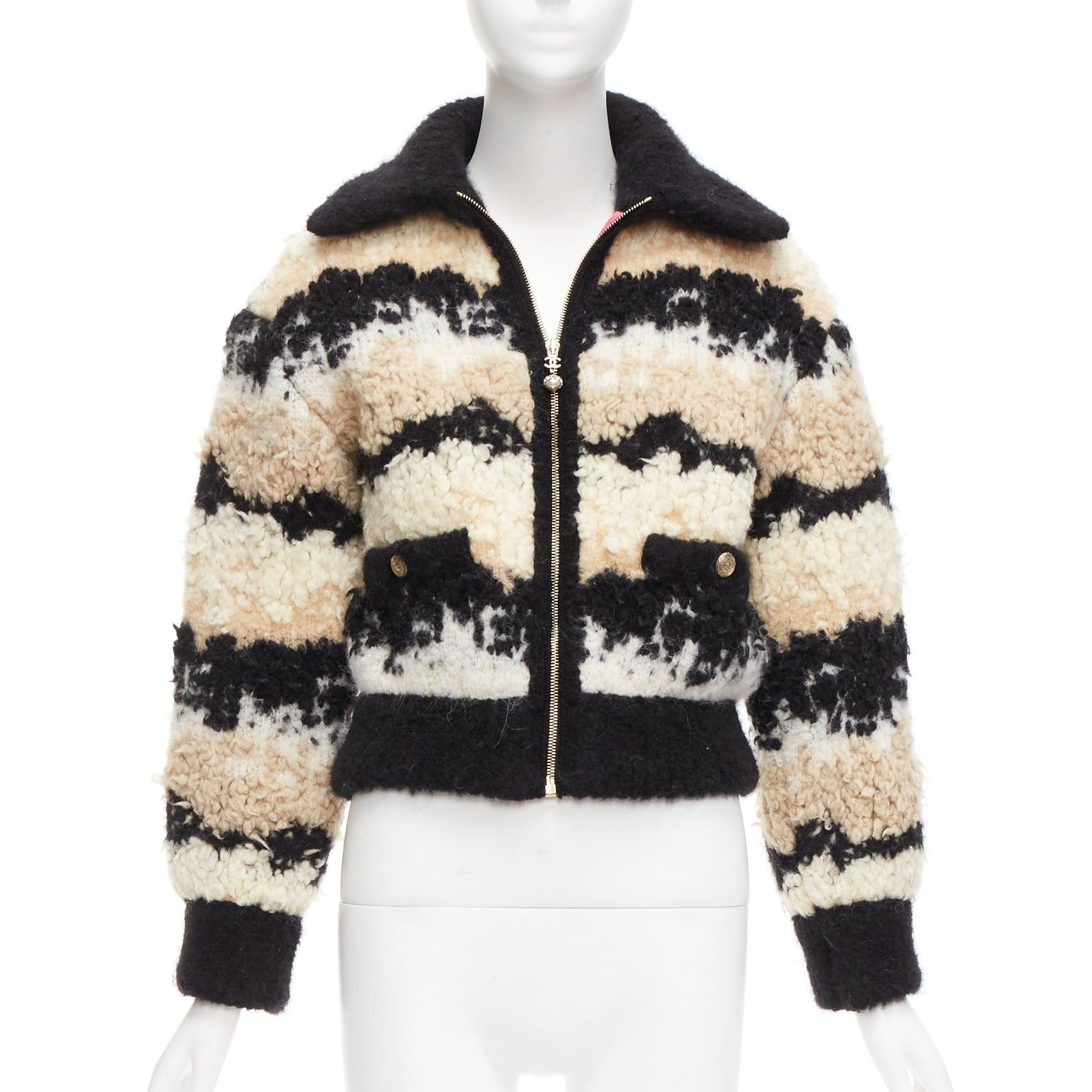 CHANEL 20N Coco Neige CC pearl zip cream wool cashmere cropped bomber FR34 XS