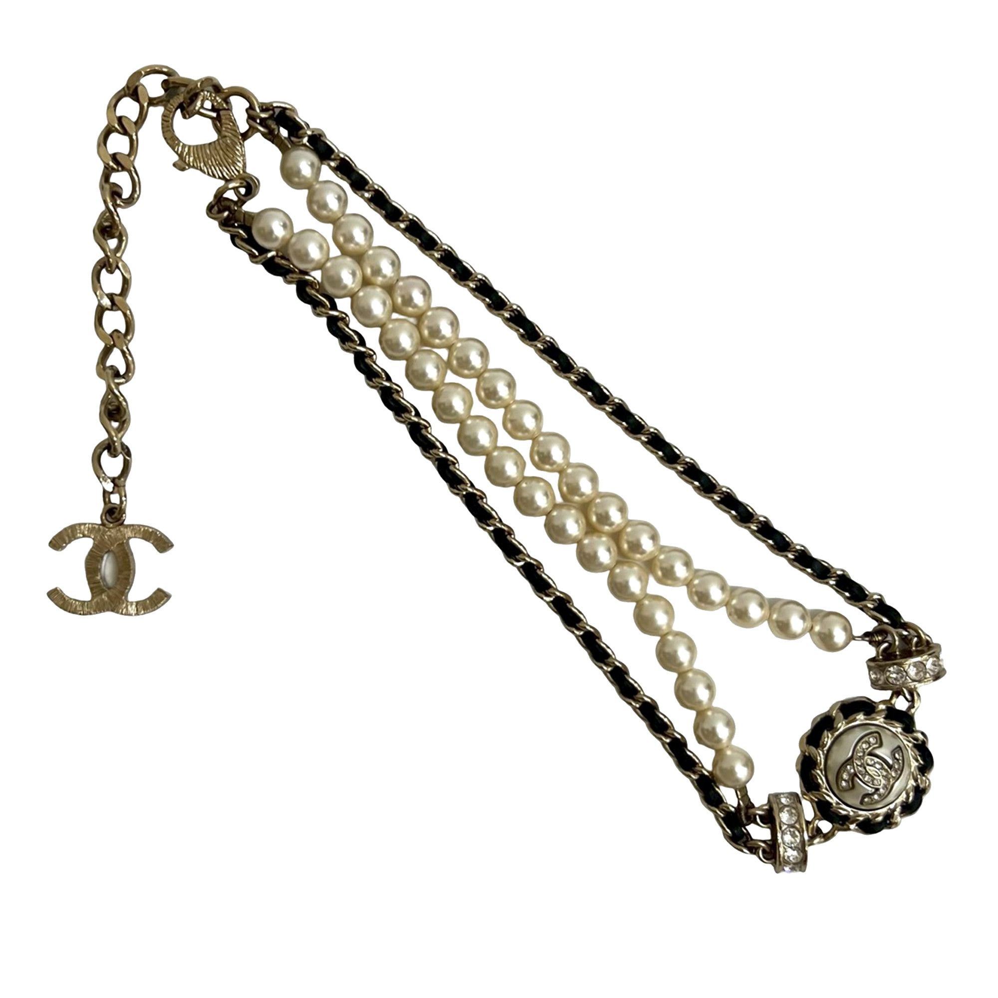 Chanel CC Gold Plated Faux Pearl and Rhinestone Medallion Chain Necklace
