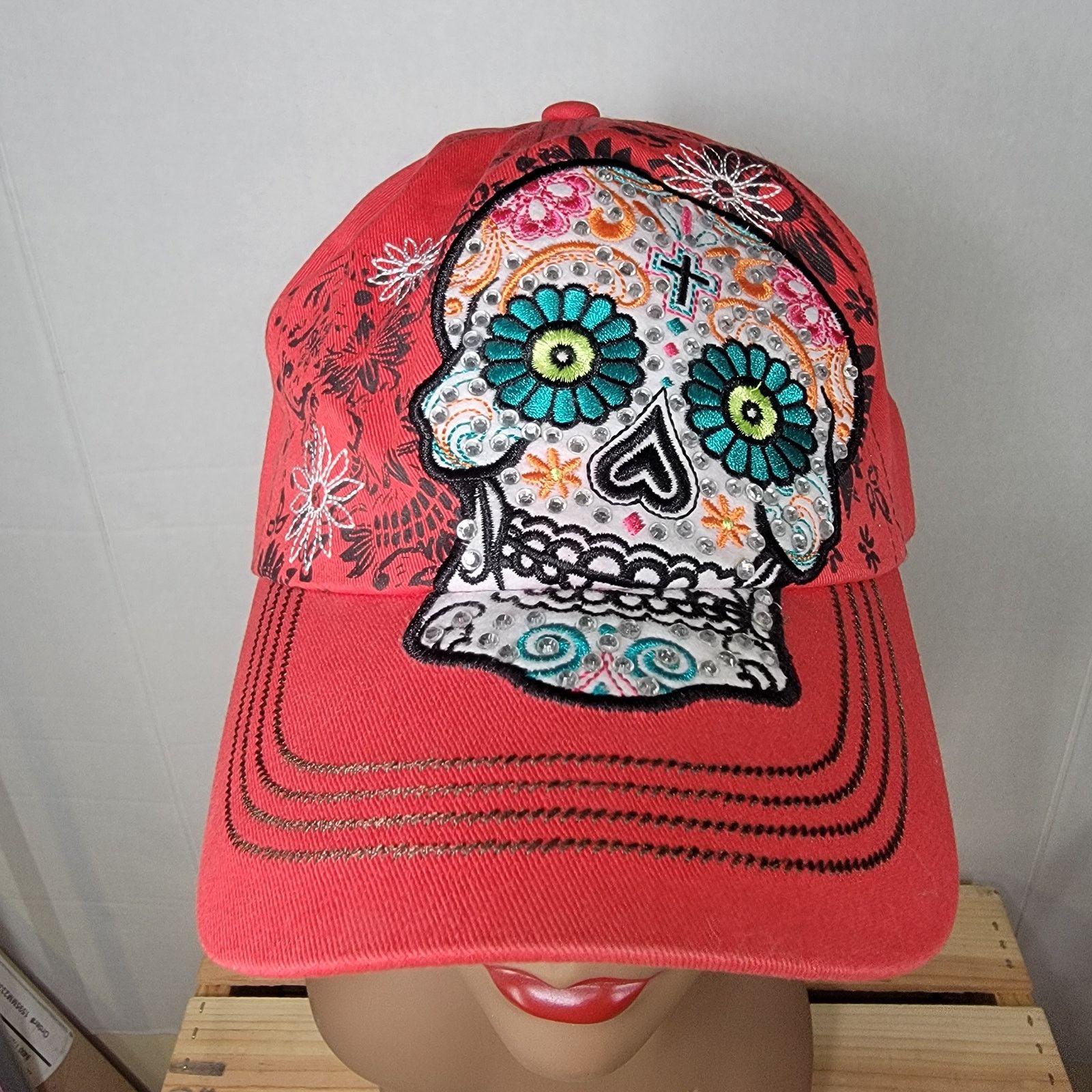 Other Día de los Muertos Bling Sugar Skull Adjustable Red Ball Cap Size ONE SIZE - 1 Thumbnail
