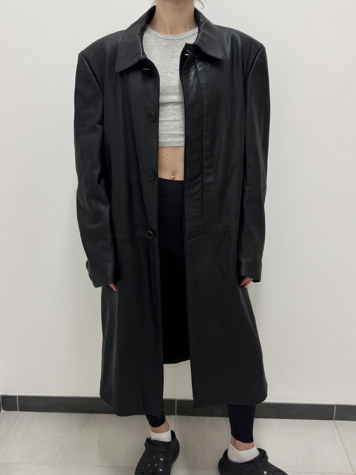 vintage ZARA Leather Long Trench Coat Jacket y2k Swag