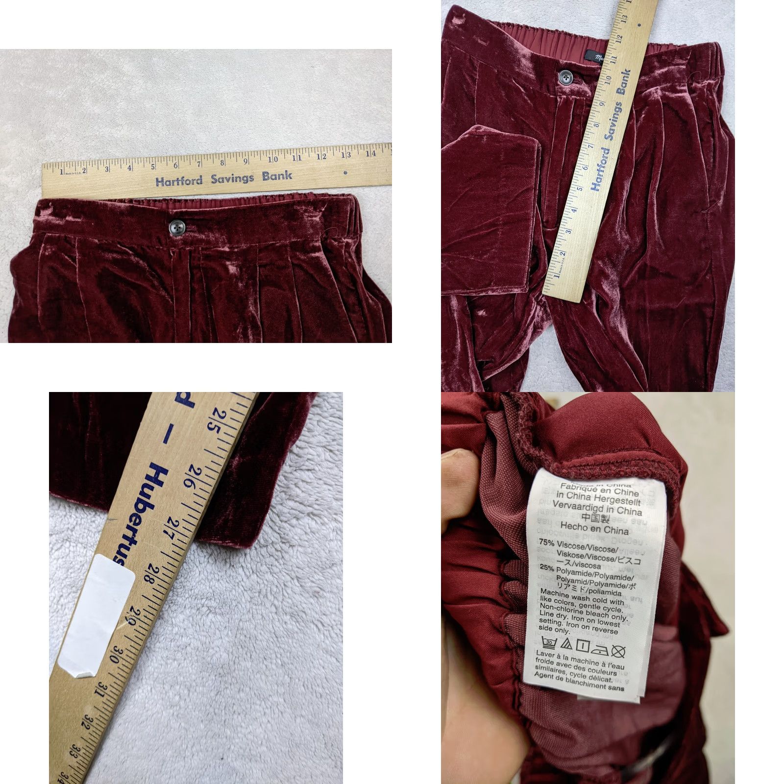 Madewell Madewell Womens XS 26x27 Elastic Waist Burgundy Velvet Velour Pants Pleated Size 26" / US 2 / IT 38 - 8 Thumbnail