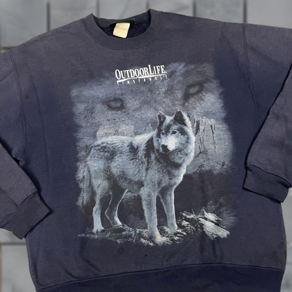 Vintage VINTAGE Outdoor Life Wolf Sweatshirt Adult L Blue 1990s Distressed Faded Size L Mens Size US L / EU 52-54 / 3 - 1 Thumbnail