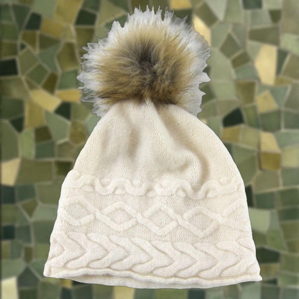 Vintage White Pine Beanie Hats Womens One Size Ivory 100% Cashmere Soft Cozy Pom Pom Knit Winter Fall Winter Accessories Size ONE SIZE - 1 Thumbnail