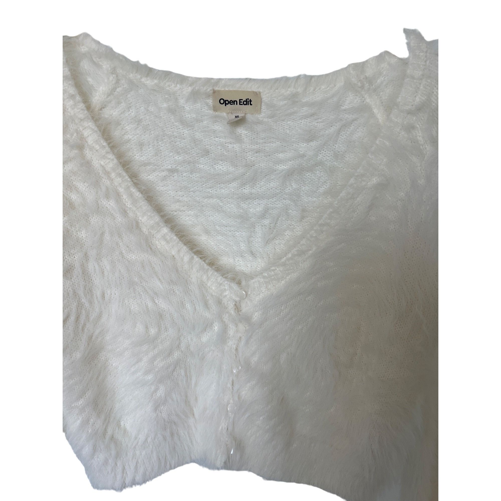 Other Open Edit Ivory Eyelash Fluffy Knit Cropped Cardigan Size XS / US 0-2 / IT 36-38 - 5 Thumbnail