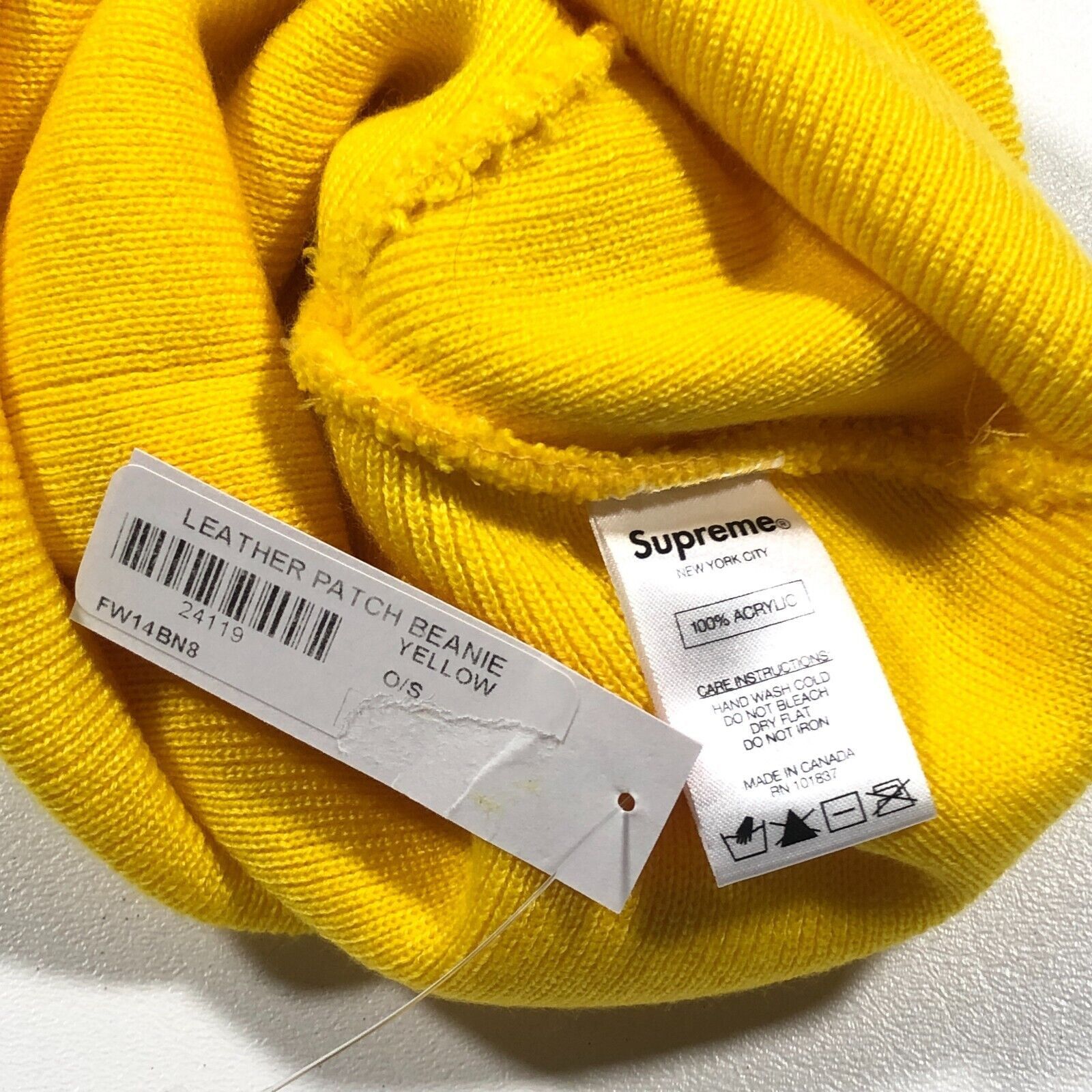 Supreme New FW14 Supreme Script Leather Patch Beanie Yellow Rare H1 Size ONE SIZE - 4 Thumbnail
