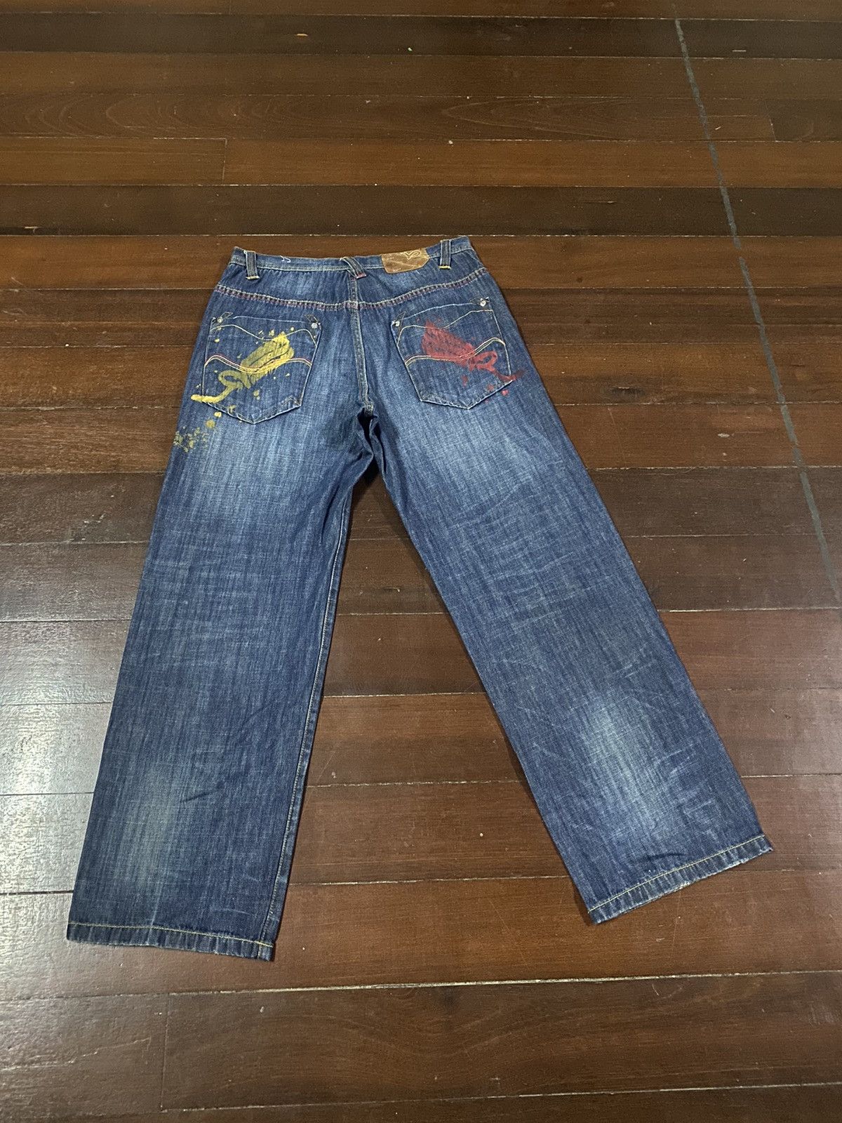 image of Anchor Blue x Jnco Crazy Y2K Roca Wear Baggy Wide Leg Jeans Jnco Splatted in Blue, Men's (Size 34)