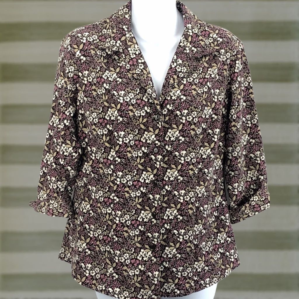 Vintage Covington Blouse S purple brown Floral 3/4 Sleeve Button Collared Boho CottageCore Womens Size S / US 4 / IT 40 - 1 Thumbnail